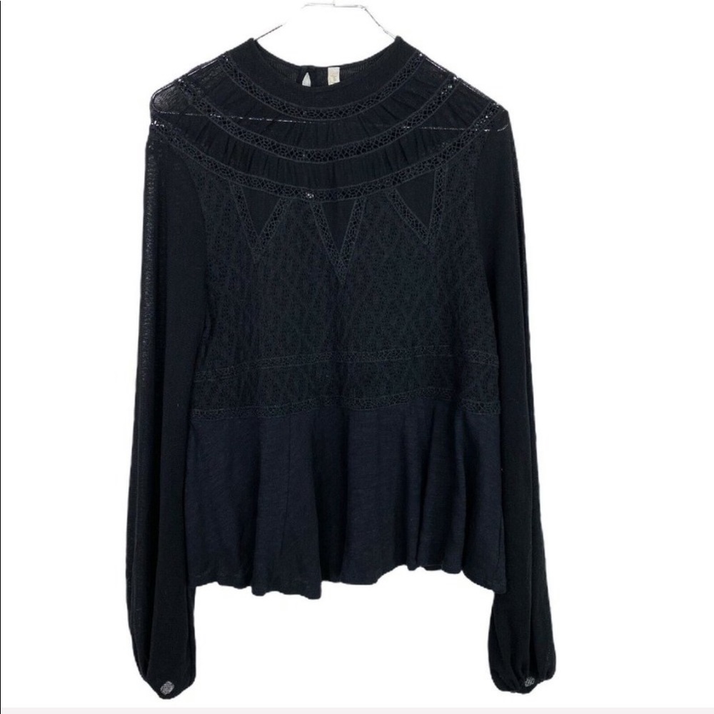 Free People Victorian Boho Lace Blouse BLK Medium